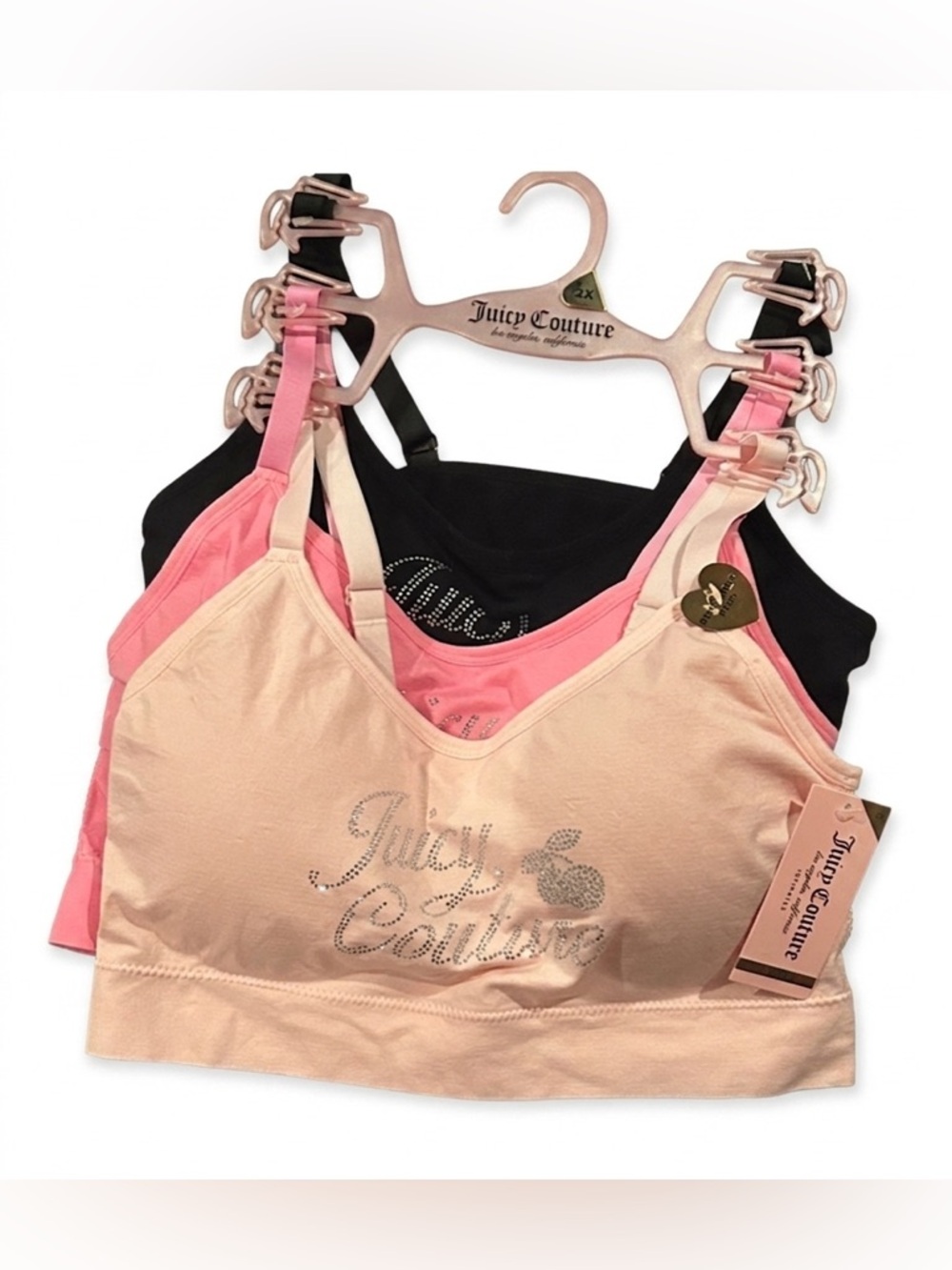 JUICY COUTURE Padded Bra / Bralette Rhinestone Logo Cherries 3 pack 2X NWT